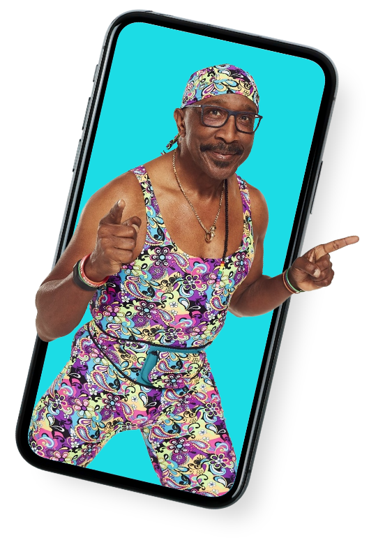 Image of Mr Motivator coming out of a mobile phone in funky sportswear